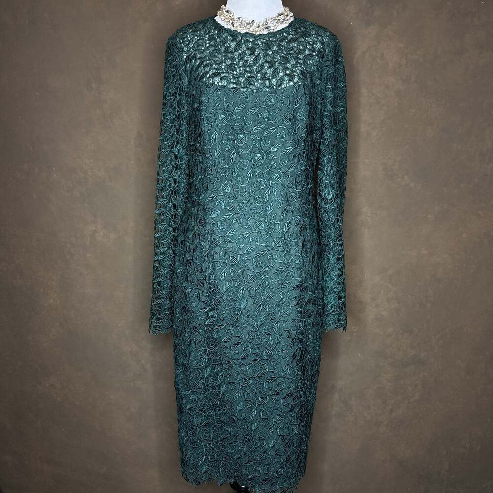 Monique Lhuillier ML Green Lace Sheath Dress Women’s 10 Long Sleeve Holiday
